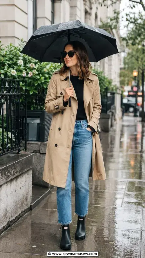 Mujer con un trench en color nude en al calle Mujer con un trench en color nude en al calle