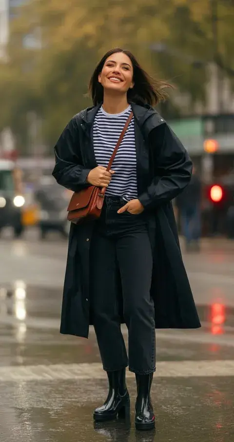 Una mujer sonriendo en la calle con un trench en color negro Una mujer sonriendo en la calle con un trench en color negro