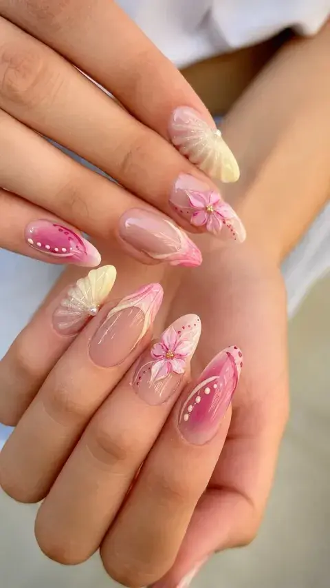 Uñas con apliques #D y marmolado bubllegum Uñas con apliques #D y marmolado bubllegum