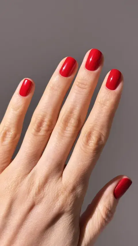 Uñas en color rojo clásico sobre una mano Uñas en color rojo clásico sobre una mano