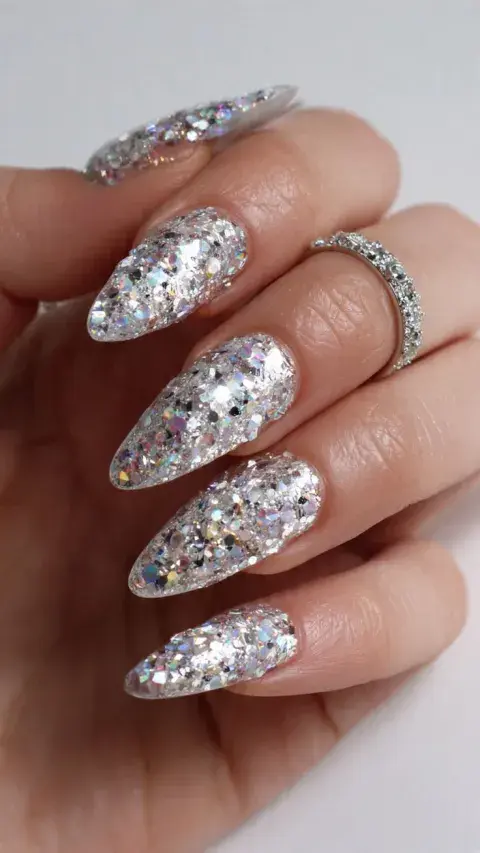 Uñas XL con efecto flash y destellos de apliques Uñas XL con efecto flash y destellos de apliques