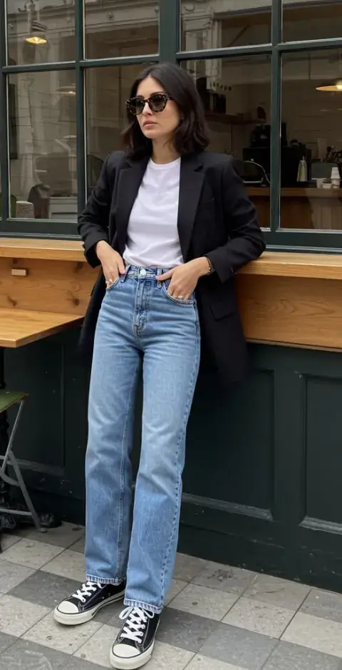 Una joven con blazer remera básica y jean recto Una joven con blazer remera básica y jean recto