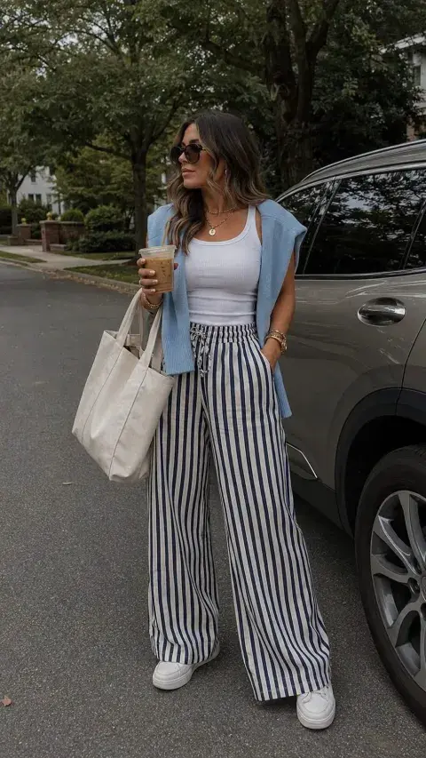 Una mujer con pantalones rayados y musculosa básica Una mujer con pantalones rayados y musculosa básica