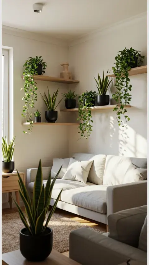 Plantas en un monoambiente sobre repisas