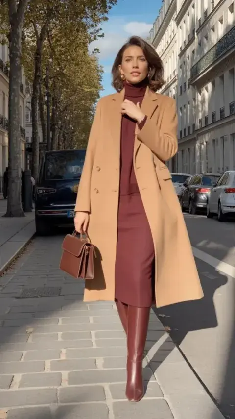 Una mujer con vestido tejido y botas caminando por la calle Una mujer con vestido tejido y botas caminando por la calle