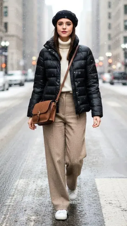 Una mujer caminando por la calle con campera puffer y gorro Una mujer caminando por la calle con campera puffer y gorro