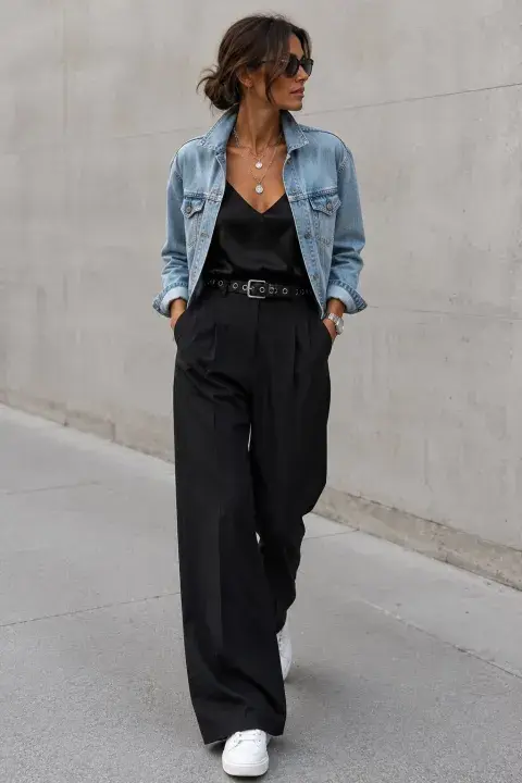 mujer con pantalón sastrero y campera de jean mujer con pantalón sastrero y campera de jean