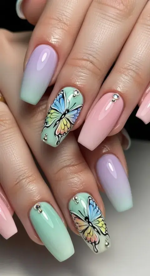 Uñas con mariposas en tonos ombré Uñas con mariposas en tonos ombré