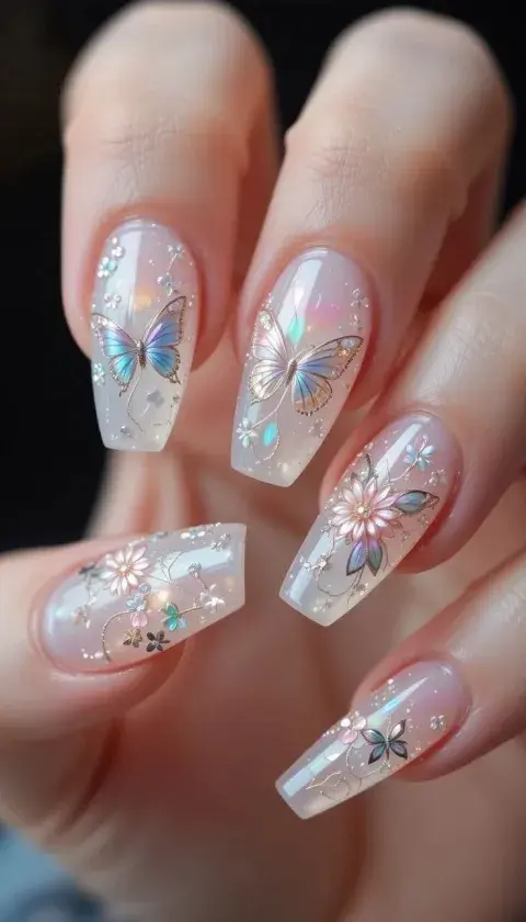 Uñas con mariposas y efecto cristal Uñas con mariposas y efecto cristal