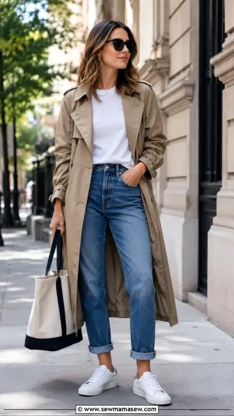 Una mujer con trench y jeans Una mujer con trench y jeans