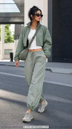 Una mujer con look deportivo cruzando la calle Una mujer con look deportivo cruzando la calle