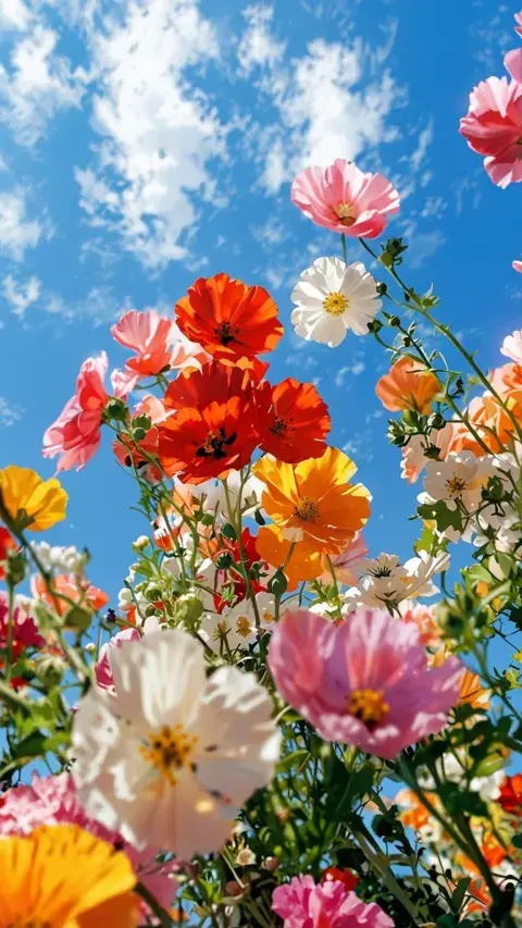 Flores de colores y el cielo azul con nubes