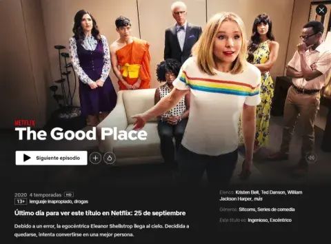 La fecha en que The Good Place abandona Netflix.