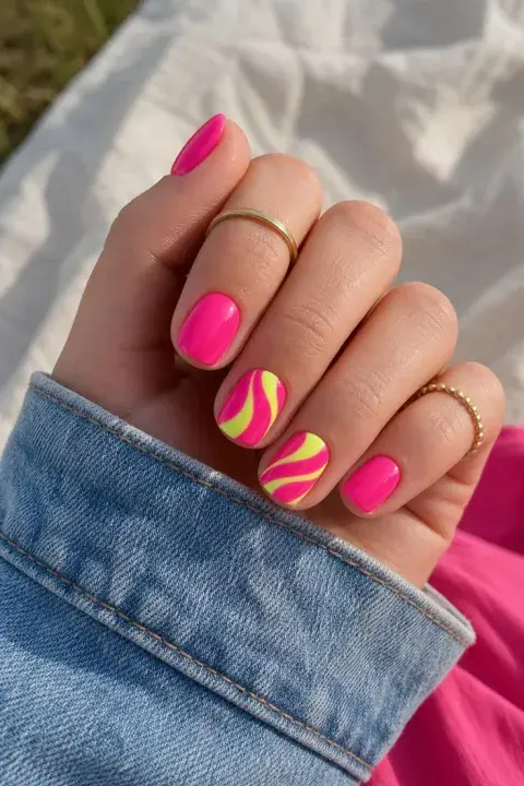 Uñas rayadas en color amarillo y rosa