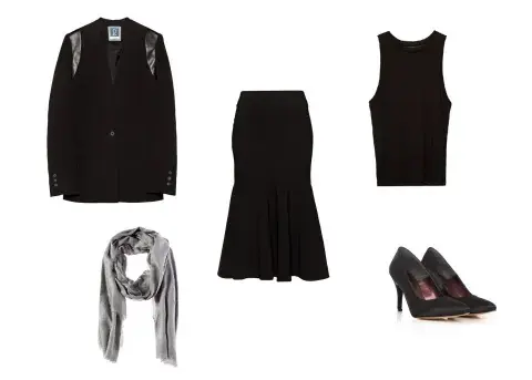 Saco (Riviera, $2500) Pollera (Black Mamba, $2100) Musculosa (AyNotDead, $625) Zapatos (Heyas, $1630) Pashmina (Lacoste, $799)