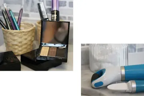 Trio de sombras $403 y delineador negro $252 de Natura / Máscara de pestañas $269 sugerido y delineadores de colores $240 de Maybelline / Exfoliador para pies $702 y lima eléctrica $572 de Amopé