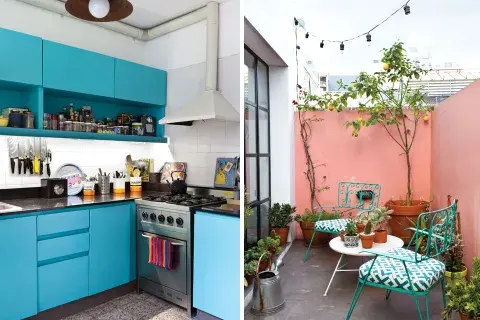 En la cocina, arte de México y Guatemala. En el patio, mesita y sillas cerveceras del Mercado de las Pulgas. En la cocina, arte de México y Guatemala. En el patio, mesita y sillas cerveceras del Mercado de las Pulgas.
