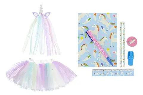 Un disfraz de unicornio y un set con cuaderno, regla, lápices, birome, sacapuntas y goma Un disfraz de unicornio y un set con cuaderno, regla, lápices, birome, sacapuntas y goma