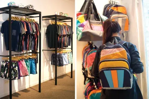 Izquierda: Borna es un concept store con diferentes propuestas. Derecha: las mochilas de Baum estan hechas con tela de parapentes Izquierda: Borna es un concept store con diferentes propuestas. Derecha: las mochilas de Baum estan hechas con tela de parapentes