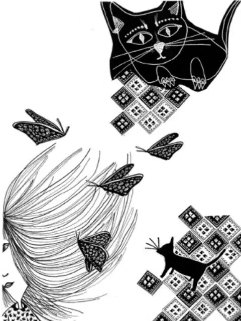 Dibujo de Brenda Fahey para el texto "Que te regalen un gato negro". Dibujo de Brenda Fahey para el texto "Que te regalen un gato negro".
