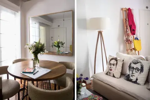 En el comedor, mesa redonda: “Da más espacio y me parece más inclusiva”. El espejo lo diseñó ella misma. En el living, sillón (Bull Buenos Aires) con almohadones estampados (Ornatto Serigrafía), perchero (Tienda de a Dos) y lámpara de pie (Fiumine). Las flores (Tienda de las Flores) nunca faltan En el comedor, mesa redonda: “Da más espacio y me parece más inclusiva”. El espejo lo diseñó ella misma. En el living, sillón (Bull Buenos Aires) con almohadones estampados (Ornatto Serigrafía), perchero (Tienda de a Dos) y lámpara de pie (Fiumine). Las flores (Tienda de las Flores) nunca faltan