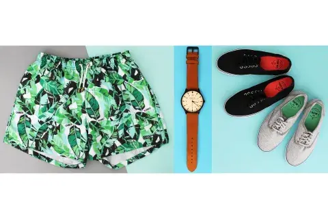 Traje de baño hombre $550 de Chireta / Reloj desde $1248 de Abaco / Zapatillas $859 de Julepas /