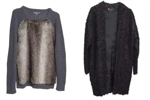 Suéter de lana y piel (Falabella) y saco (Zhoue).