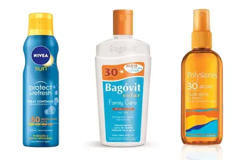 De izq. a derecha. Spray refrescante en aerosol para todo el cuerpo. $289, Nivea. Family Care, protección en emulsión FPS 30. $252, Bagóvit. Aceite seco con monoi y morinda, protección de amplio espectro. $338, Polysianes De izq. a derecha. Spray refrescante en aerosol para todo el cuerpo. $289, Nivea. Family Care, protección en emulsión FPS 30. $252, Bagóvit. Aceite seco con monoi y morinda, protección de amplio espectro. $338, Polysianes