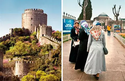 Izquierda: la cantidad de castillos y fortalezas de esta ciudad habla de su pasado imperial. Derecha: los pañuelos de las mujeres se llaman hiyab e indican la religión a la que pertenecen Izquierda: la cantidad de castillos y fortalezas de esta ciudad habla de su pasado imperial. Derecha: los pañuelos de las mujeres se llaman hiyab e indican la religión a la que pertenecen