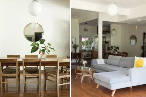 La mesa del comedor es herencia familiar y las sillas son de Pasto Home. El gran ambiente que arman living, comedor y cocina. El sillón en L y la mesa ratona son de Laboratorio de Objetos. La mesa del comedor es herencia familiar y las sillas son de Pasto Home. El gran ambiente que arman living, comedor y cocina. El sillón en L y la mesa ratona son de Laboratorio de Objetos.