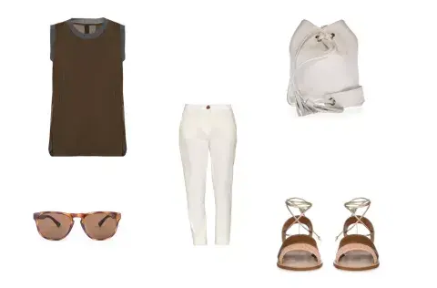 Remera (Not To Be Understood, $1845) Anteojos (360) Pantalón (Paula Cahen Danvers) Sandalias (Lisa Brenan, $1890) Cartera (NAM, $3398)