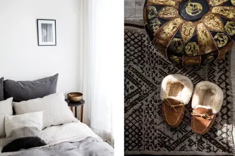 Ropa de cama y almohadones en tonos grises (Casacas). Sobre la alfombra que compró en Londres, puf heredado: “Lo compraron mis abuelos hace más de 50 años en un viaje a Marruecos”. Ropa de cama y almohadones en tonos grises (Casacas). Sobre la alfombra que compró en Londres, puf heredado: “Lo compraron mis abuelos hace más de 50 años en un viaje a Marruecos”.