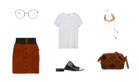 Anteojos (Absurda) Remera (Dubie, $510) Pollera (Benito) Bandolera (XL, $850) Sandalias (Dubie, $5290) Collar (Priu) Anteojos (Absurda) Remera (Dubie, $510) Pollera (Benito) Bandolera (XL, $850) Sandalias (Dubie, $5290) Collar (Priu)