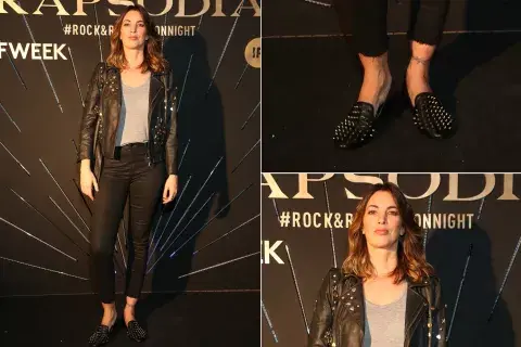 Siempre con el rock a flor de piel, Déborah de Corral fue al desfile de la nueva colección de Rapsodia con una campera motoquera y unos mocasines llenos de tachas