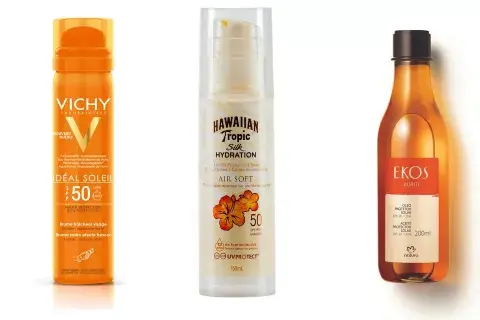 De izq a derecha. Idéal Solei, bruma invisible hidratante y refrescante para el rostro, $581, Vichy. Silk Hydration Air Soft SPF 50, con olor a coco. $345, Hawaiian Tropic. Buriti de Ekos, protección solar sin fragancia en aceite FPS 3. $335, Natura. De izq a derecha. Idéal Solei, bruma invisible hidratante y refrescante para el rostro, $581, Vichy. Silk Hydration Air Soft SPF 50, con olor a coco. $345, Hawaiian Tropic. Buriti de Ekos, protección solar sin fragancia en aceite FPS 3. $335, Natura.
