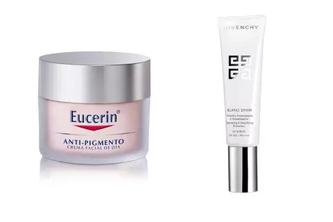 Crema de día anti-pigmento, con FPS y filtros UVA, $870, Eucerin. Blanc Divin, tratamiento aclarante con vitamina C, $1220, Givenchy Crema de día anti-pigmento, con FPS y filtros UVA, $870, Eucerin. Blanc Divin, tratamiento aclarante con vitamina C, $1220, Givenchy