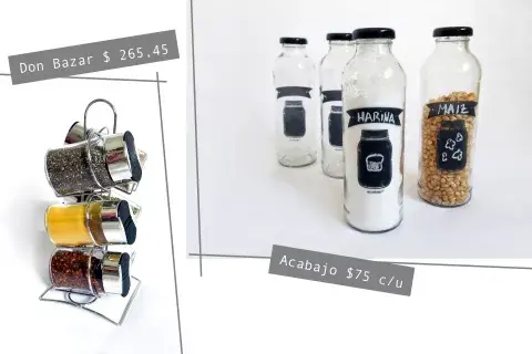 Especiero de Don Bazar $265,45 / Botellitas con etiquetas pizarrón de Acabajo $75 c/u Especiero de Don Bazar $265,45 / Botellitas con etiquetas pizarrón de Acabajo $75 c/u