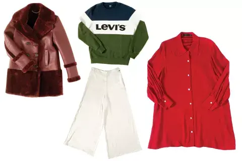 Gamulán, Vitamina, $17.000. Buzo oversize, Levi´s, $2890. Pantalón ancho, Rapsodia, $4900. Maxicamisa, Vitamina, $5600. Gamulán, Vitamina, $17.000. Buzo oversize, Levi´s, $2890. Pantalón ancho, Rapsodia, $4900. Maxicamisa, Vitamina, $5600.