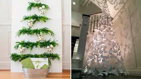 A la izquierda un árbol hecho con distintos tamaños de ramitas de pino (podés usar las artificiales o su versión original) borlas y un cesto de zinc para dejar los regalitos y las cartas. A la derecha, una idea con más vuelo, una propuesta hecha con mariposas blancas A la izquierda un árbol hecho con distintos tamaños de ramitas de pino (podés usar las artificiales o su versión original) borlas y un cesto de zinc para dejar los regalitos y las cartas. A la derecha, una idea con más vuelo, una propuesta hecha con mariposas blancas