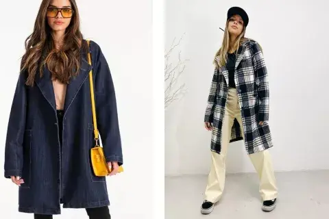 Izq.: Sacón denim corte recto ($8.500, Las Bequias). Der.: Tapado cuadrillé de paño de punto, Buiza ($7800, Tramps). Izq.: Sacón denim corte recto ($8.500, Las Bequias). Der.: Tapado cuadrillé de paño de punto, Buiza ($7800, Tramps).