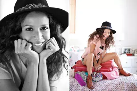 Remera con estampa (AyNotDead, $398), Short de seda AyNotDead, $368), plataformas de cuero bicolor (Trosman vintage), sombrero con plumas (Compañía de Sombreros, $546)