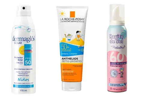 De izq. a derecha. Spray continuo en emulsión FPS 50, protege de las quemaduras. A partir de los 3 años. Dermaglós Solar. Anthelios FPS 50, Leche de fácil aplicación. $600, La Roche Posay. Mousse Pediatric FPS 60 para pieles muy sensibles, puede usarse a partir de los 12 meses. $130, Rayito de Sol De izq. a derecha. Spray continuo en emulsión FPS 50, protege de las quemaduras. A partir de los 3 años. Dermaglós Solar. Anthelios FPS 50, Leche de fácil aplicación. $600, La Roche Posay. Mousse Pediatric FPS 60 para pieles muy sensibles, puede usarse a partir de los 12 meses. $130, Rayito de Sol