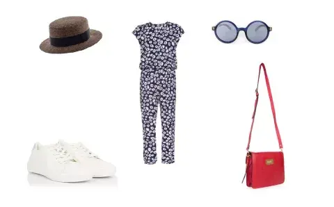 Sombrero (Compañía de Sombreros, $875) Cartera (Vero Alfie, $991) Anteojos (Absurda) Mono (Awada) Zapatillas (Sky Blue, $1000)