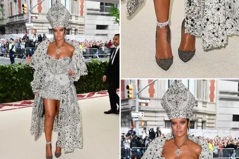 Rihanna con su look de Maison Margiela, y la Mitra hecha por Stephen Jones