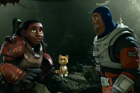TEAMING UP – In Disney and Pixar’s “Lightyear,” Izzy Hawthorne (voice of Keke Palmer), the eager leader of a team of cadets called the Junior Zap Patrol, teams up with Buzz Lightyear (voice of Chris Evans) and his dutiful robot companion, Sox (voi