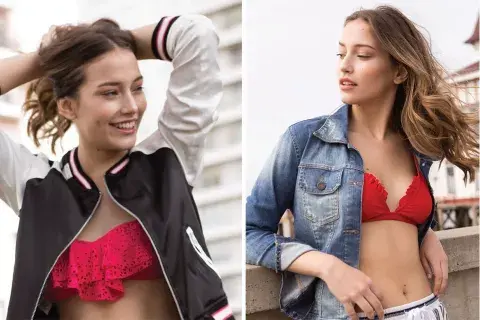 Izquierda: bomber (Billabong, $2500), top de bikini (Vitamina, $2000). Derecha: chaqueta (Zhoue, $1500), bikini (The Coco Room, $800), shorts (Kosiuko, $1100) Izquierda: bomber (Billabong, $2500), top de bikini (Vitamina, $2000). Derecha: chaqueta (Zhoue, $1500), bikini (The Coco Room, $800), shorts (Kosiuko, $1100)