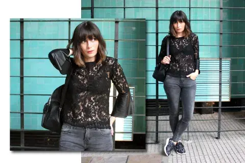 Blusa de Sabrina $599 / Jean de Paula Cahen d''anvers Outlet / Zapatillas de LeUtopik $999 / Mochila de Seki Masami $779 aproximadamente