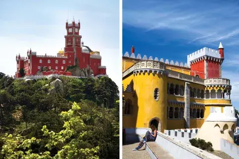 Sintra está a menos de una hora en tren desde Lisboa. Derecha: el Palacio Nacional de la Peña, de 1836, creado a partir de una historia de amor y romántico por donde se lo mire Sintra está a menos de una hora en tren desde Lisboa. Derecha: el Palacio Nacional de la Peña, de 1836, creado a partir de una historia de amor y romántico por donde se lo mire