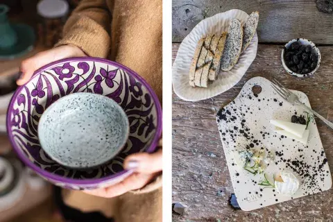 A la izquierda, un bowl que compró en Fez, Marruecos. A la derecha, una tabla de su línea Rock A la izquierda, un bowl que compró en Fez, Marruecos. A la derecha, una tabla de su línea Rock