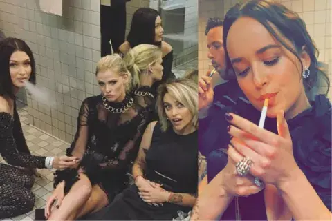 Bella Hadid y Dakota Johnson, fumando en en el baño del evento.